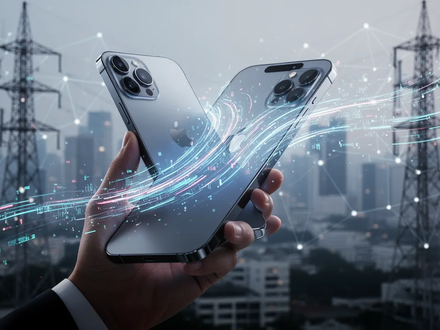 A hand holding a modern smartphone, with digital data streams flowing from it, against a blurred background of a cityscape and network towers. - Foto: über boerse-global.de