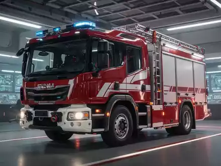 Ein modernes, glänzendes Feuerwehrauto steht in einer futuristischen, hell erleuchteten Feuerwache. Kinoreife Beleuchtung hebt die Details hervor. - Foto: über boerse-global.de