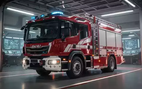 Ein modernes, glänzendes Feuerwehrauto steht in einer futuristischen, hell erleuchteten Feuerwache. Kinoreife Beleuchtung hebt die Details hervor. - Foto: über boerse-global.de