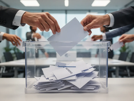Eine transparente Wahlurne mit Stimmzetteln, im Hintergrund unscharf Hände beim Wählen. Symbolisiert Wahlen und rechtliche Prozesse. - Foto: über boerse-global.de