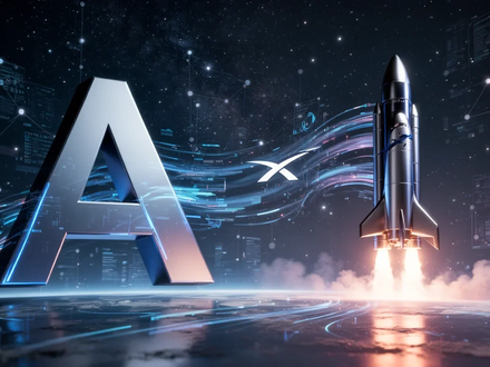 Abstrakte Darstellung von Datenströmen zwischen einem stilisierten 'A' für Alphabet und einer Rakete für SpaceX unter einem Sternenhimmel. - Foto: über boerse-global.de