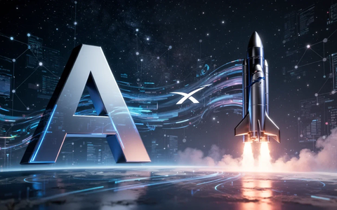 Abstrakte Darstellung von Datenströmen zwischen einem stilisierten 'A' für Alphabet und einer Rakete für SpaceX unter einem Sternenhimmel. - Foto: über boerse-global.de