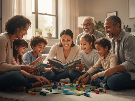 Eine Familie, bestehend aus Eltern und Kindern, sitzt zusammen und genießt eine gemeinsame Aktivität in einem hellen, modernen Zuhause. - Foto: über boerse-global.de
