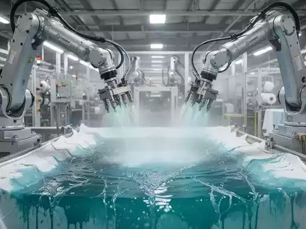 Roboterarme sprühen Farbe auf Stoffbahnen in einer modernen Textilfabrik, symbolisierend nachhaltige Färbetechnologien und Ressourcenschonung. - Foto: über boerse-global.de