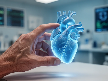 Eine Hand berührt ein blau leuchtendes Herzmodell vor einem verschwommenen medizinischen Laborhintergrund, das unsichtbare Gesundheitsrisiken symbolisiert. - Foto: über boerse-global.de