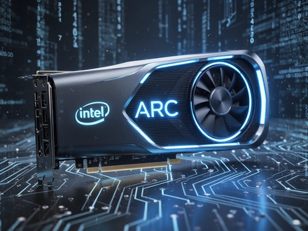 A close-up of an Intel Arc graphics card, illuminated by blue light, with digital patterns in the background. - Foto: über boerse-global.de