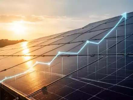 Solarpanel-Anlage bei Sonnenaufgang mit einer angedeuteten aufsteigenden Trendlinie, die Wachstum symbolisiert. - Foto: über boerse-global.de