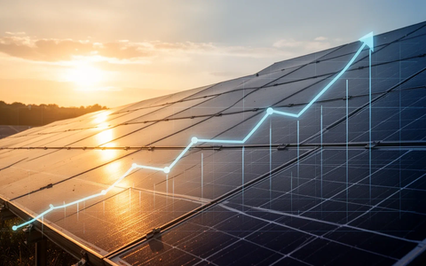 Solarpanel-Anlage bei Sonnenaufgang mit einer angedeuteten aufsteigenden Trendlinie, die Wachstum symbolisiert. - Foto: über boerse-global.de