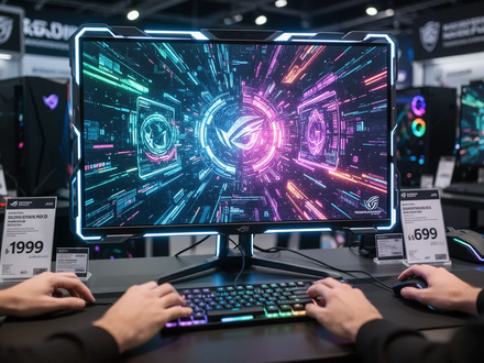 A close-up of a high-end gaming monitor displaying colorful graphics, with blurred hands on a keyboard and mouse. - Foto: über boerse-global.de