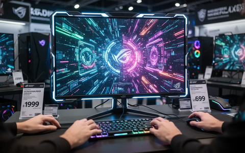 A close-up of a high-end gaming monitor displaying colorful graphics, with blurred hands on a keyboard and mouse. - Foto: über boerse-global.de
