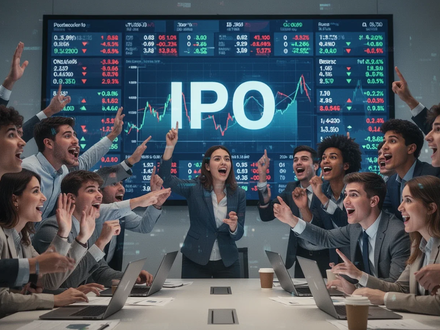 Junge Anleger beobachten aufmerksam einen virtuellen Börsenticker mit der Aufschrift 'IPO'. - Foto: über boerse-global.de