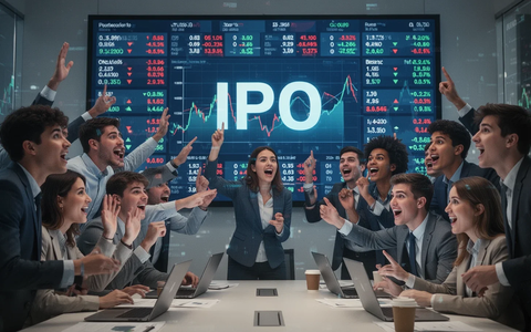 Junge Anleger beobachten aufmerksam einen virtuellen Börsenticker mit der Aufschrift 'IPO'. - Foto: über boerse-global.de