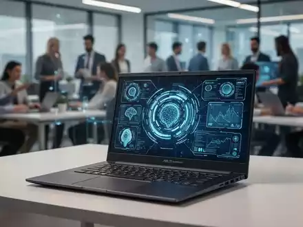 A sleek, open ASUS ExpertBook P5 laptop on a modern desk, with a blurred background showing busy professionals in an office. - Foto: über boerse-global.de
