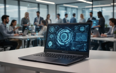 A sleek, open ASUS ExpertBook P5 laptop on a modern desk, with a blurred background showing busy professionals in an office. - Foto: über boerse-global.de