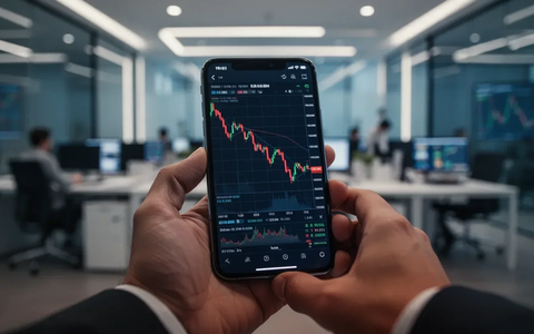 Eine Hand hält ein Smartphone mit einem fallenden Aktienchart, im Hintergrund ein unscharfes Büro. Symbolisiert Liquiditätsdruck. - Foto: über boerse-global.de