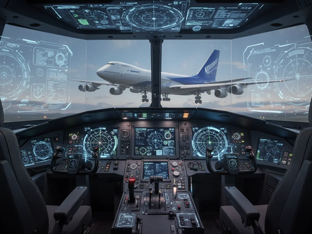 A stylized flight simulator cockpit with holographic displays showing a Boeing 747, representing flight simulation technology. - Foto: über boerse-global.de