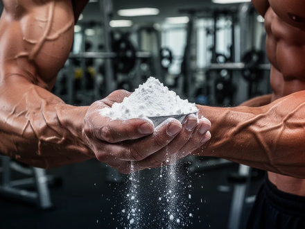Nahaufnahme der Hand eines muskulösen Mannes, der einen Messlöffel Kreatinpulver hält, mit verschwommenem Fitnessstudio im Hintergrund. - Foto: über boerse-global.de