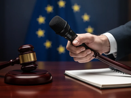 Eine Hand hält ein Mikrofon, im Hintergrund verschwommen die EU-Flagge. Ein Richterhammer liegt auf einem Tisch, daneben ein Notizblock. - Foto: über boerse-global.de
