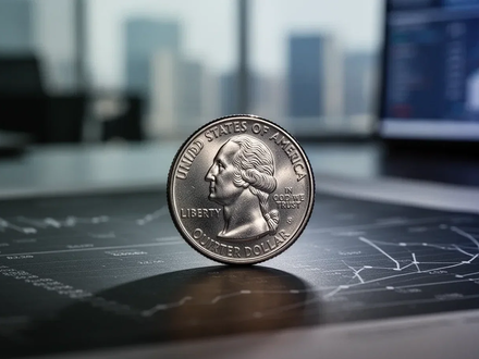 Eine einzelne glänzende US-Vierteldollar-Münze auf einem dunklen Finanzdokument mit unscharfem Bürohintergrund. - Foto: über boerse-global.de