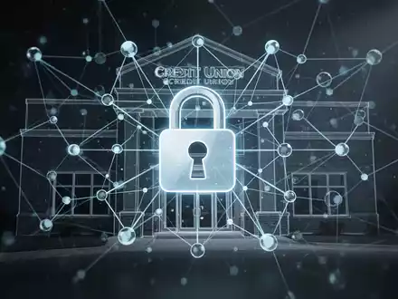 Digital padlock icon overlaying a network of interconnected nodes, symbolizing cybersecurity for a credit union. - Foto: über boerse-global.de