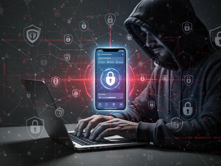 A shadowy figure typing on a laptop with a glowing mobile app interface and digital security icons, symbolizing app store vulnerabilities. - Foto: über boerse-global.de