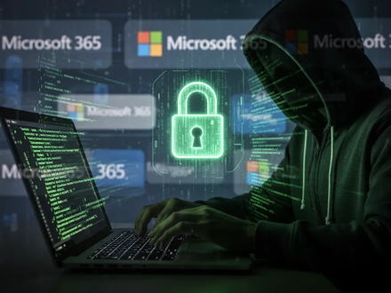 Eine schattenhafte Gestalt in einem Kapuzenpulli tippt auf einem Laptop mit grün leuchtendem Code vor einem unscharfen Microsoft 365-Hintergrund. - Foto: über boerse-global.de