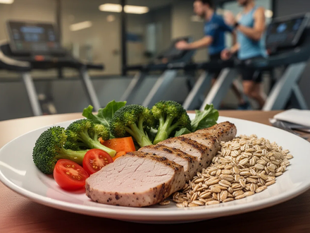 Ein Teller mit ausgewogener Mahlzeit (Gemüse, Protein, Vollkorn) im Vordergrund und einer verschwommenen Person auf einem Laufband im Hintergrund. - Foto: über boerse-global.de