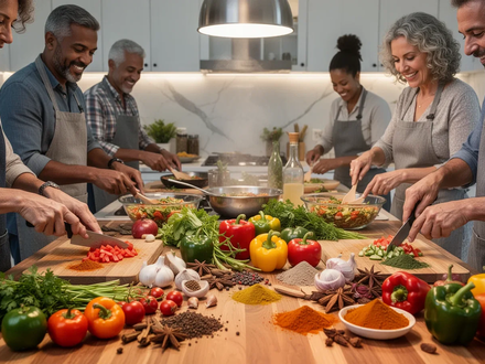 Eine Gruppe Erwachsener kocht in einer modernen Küche mit frischen Zutaten und Gewürzen, die globale Küchen und Nachhaltigkeit symbolisieren. - Foto: über boerse-global.de