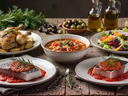 Ein rustikaler Holztisch mit einer Auswahl an mediterranen Gerichten: Minestrone, Brathähnchen, Thunfischsteak und Salat. - Foto: über boerse-global.de