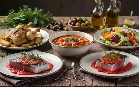 Ein rustikaler Holztisch mit einer Auswahl an mediterranen Gerichten: Minestrone, Brathähnchen, Thunfischsteak und Salat. - Foto: über boerse-global.de