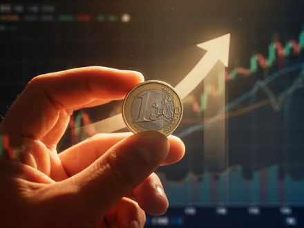 Nahaufnahme einer Hand, die eine Euro-Münze hält, mit angedeutetem Aufwärtspfeil und verschwommenen Finanzdiagrammen im Hintergrund. - Foto: über boerse-global.de
