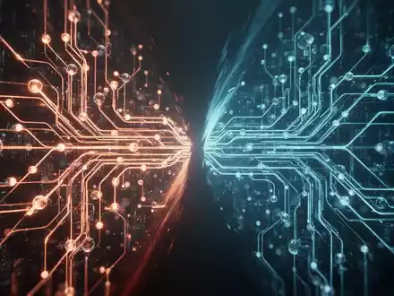 Abstract visualization of two competing AI models, one with complex, glowing pathways and the other with structured data flows. - Foto: über boerse-global.de