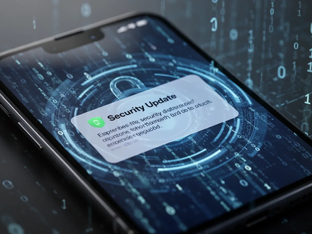 A close-up of a modern smartphone screen displaying a security update notification, with abstract digital patterns in the background. - Foto: über boerse-global.de