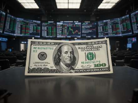 Eine einzelne Dollarnote, winzig auf einem riesigen, leeren, dunklen Finanzparkett, symbolisiert extrem niedrige Marktkapitalisierung. - Foto: über boerse-global.de