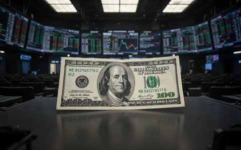 Eine einzelne Dollarnote, winzig auf einem riesigen, leeren, dunklen Finanzparkett, symbolisiert extrem niedrige Marktkapitalisierung. - Foto: über boerse-global.de