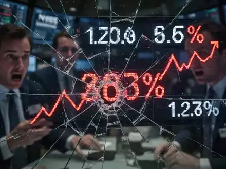 Ein zerbrochenes Börsenticker-Display zeigt einen starken prozentualen Rückgang, im Hintergrund verschwommen Anleger. - Foto: über boerse-global.de