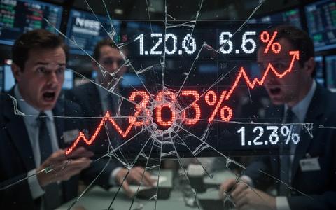 Ein zerbrochenes Börsenticker-Display zeigt einen starken prozentualen Rückgang, im Hintergrund verschwommen Anleger. - Foto: über boerse-global.de