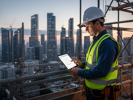 Ein Bauarbeiter in Schutzausrüstung steht auf einem Gerüst und blickt auf ein digitales Tablet, mit einer Stadtkulisse im Hintergrund. - Foto: über boerse-global.de