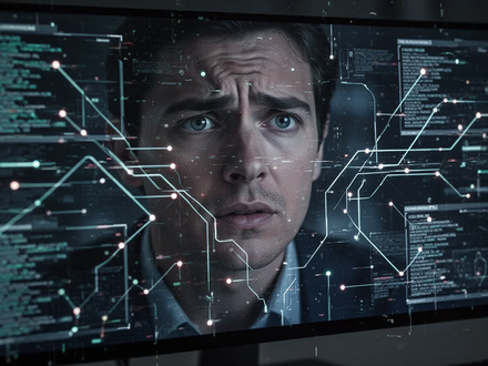 A close-up of a computer screen displaying a complex, abstract digital security interface with glowing lines and data points, reflecting a user's concerned face. - Foto: über boerse-global.de