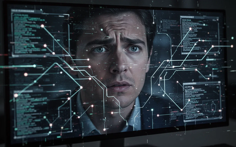 A close-up of a computer screen displaying a complex, abstract digital security interface with glowing lines and data points, reflecting a user's concerned face. - Foto: über boerse-global.de