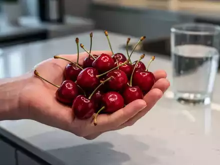 Eine Nahaufnahme einer Hand, die eine Handvoll leuchtend roter Kirschen hält, mit einem unscharfen Glas Wasser im Hintergrund. - Foto: über boerse-global.de