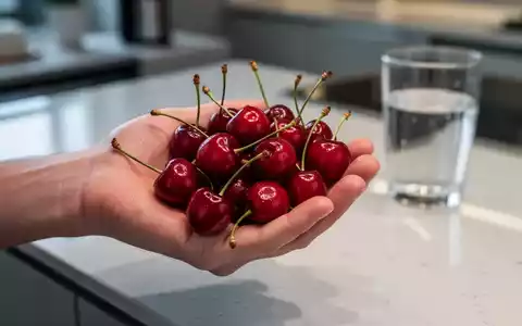 Eine Nahaufnahme einer Hand, die eine Handvoll leuchtend roter Kirschen hält, mit einem unscharfen Glas Wasser im Hintergrund. - Foto: über boerse-global.de