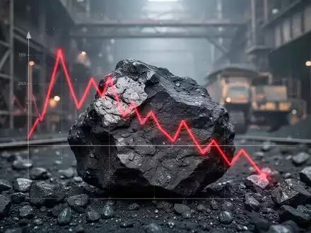 Ein einzelnes Stück Kohle mit einem roten, nach unten zeigenden Liniendiagramm vor dem Hintergrund eines Kohlebergwerks. - Foto: über boerse-global.de