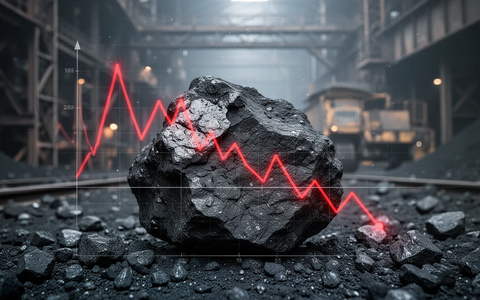Ein einzelnes Stück Kohle mit einem roten, nach unten zeigenden Liniendiagramm vor dem Hintergrund eines Kohlebergwerks. - Foto: über boerse-global.de