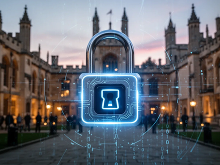 A glowing digital padlock over a blurred image of Oxford University buildings, with data streams indicating a cybersecurity breach. - Foto: über boerse-global.de