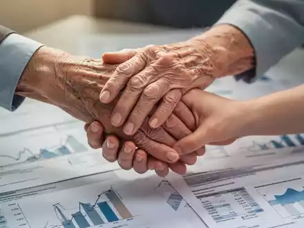 Nahaufnahme der Hände einer älteren Person, die die Hände einer jüngeren Person halten, mit verschwommenem Hintergrund aus Finanzdokumenten. - Foto: über boerse-global.de