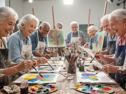 Senioren malen und zeichnen konzentriert und freudig in einem hellen Kunstworkshop. - Foto: über boerse-global.de