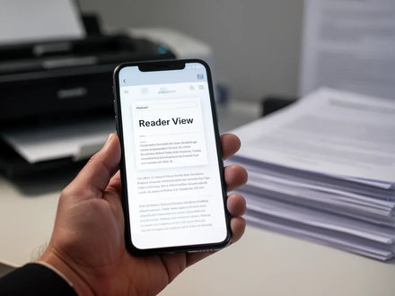 A hand holds a smartphone displaying a clean, simplified web page, with a printer and paper in the blurred background. - Foto: über boerse-global.de