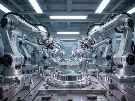 Eine futuristische High-Tech-Produktionsanlage in Texas mit Roboterarmen, die optische Komponenten zusammenbauen. - Foto: über boerse-global.de