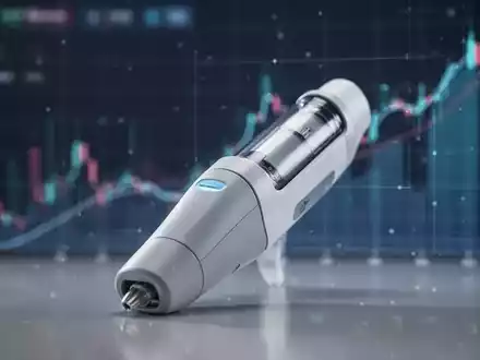 Nahaufnahme eines modernen medizinischen Geräts, das Innovation im Gesundheitswesen darstellt, mit verschwommenen digitalen Finanzdiagrammen im Hintergrund. - Foto: über boerse-global.de